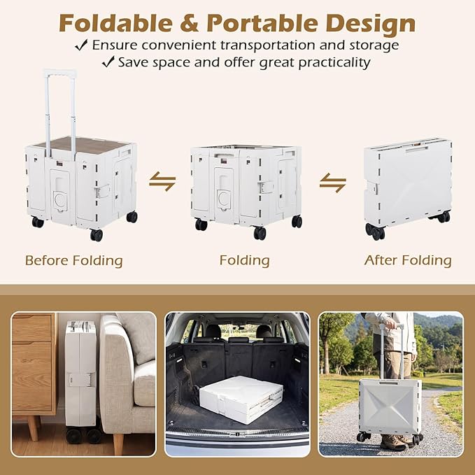 Goplus Foldable Utility Cart, Portable Rolling Crate Handcart with 4 Rotate Wheels, Telescoping Handle, Lid & Cup Holder for Travel, Shopping, Luggage, Grocery, Office & Teacher (White)