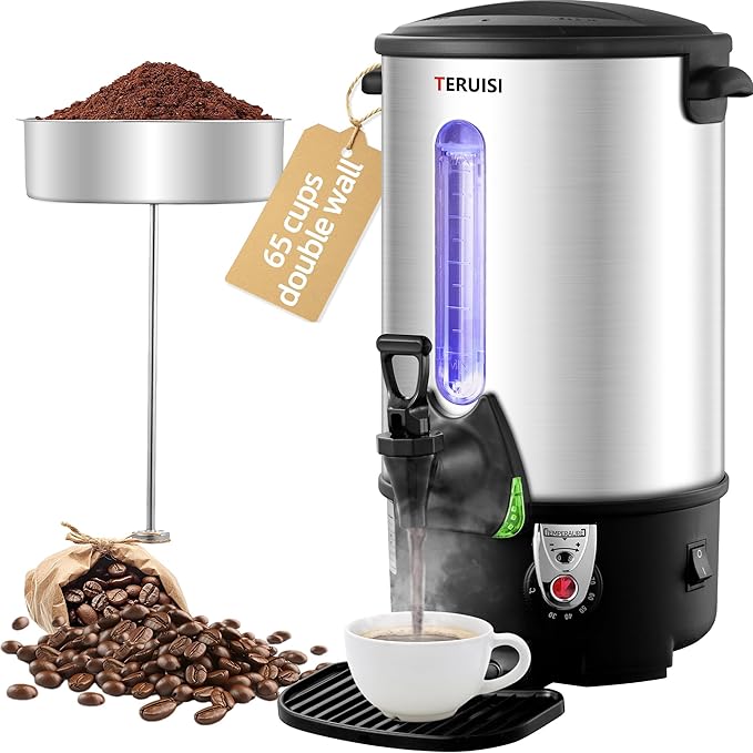 Coffee Urn, 65 Cups/9L Commercial Coffee Maker, 1300W Large Coffee Maker Hot Water Tea Urn with Filter Basket & Adjustable Temperature, Stainless Steel Hot Drink Beverage Dispenser