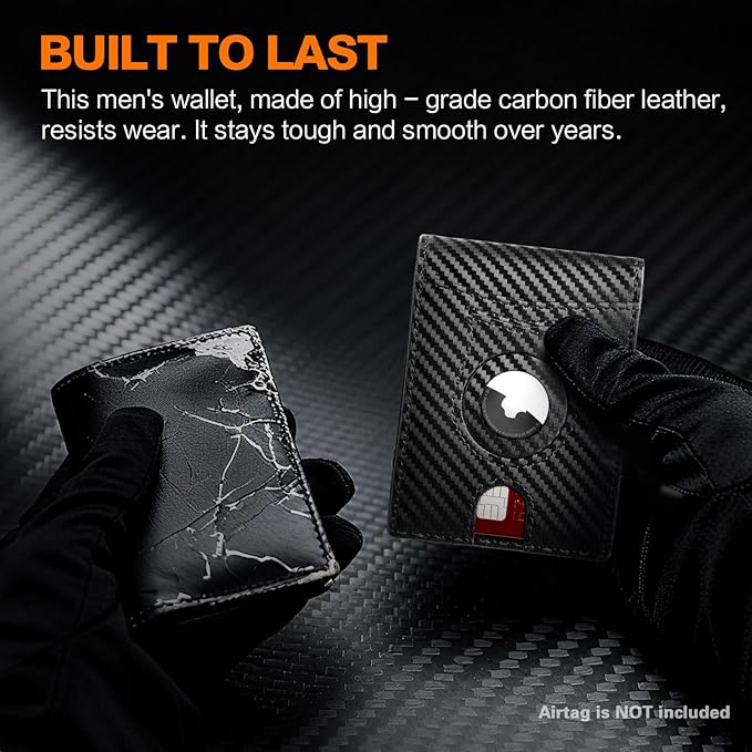 Wallet for Men Slim RFID Blocking Bifold Carbon Fiber,Minimalist Small Compact Front Pocket Credit Card Holder,Thin Mens Leather Wallets Smart Security With 2 ID windows 1 Cash (Black & Orange)