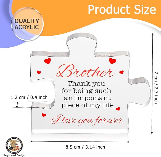 Brother Gifts - Engraved Acrylic Block Puzzle Brother Gift 4.1 x 3.5 inch - Cool Brother Gifts from Sister, Brother - Birthday, Christmas, Graduation Gifts for Big Brother, Little Brother