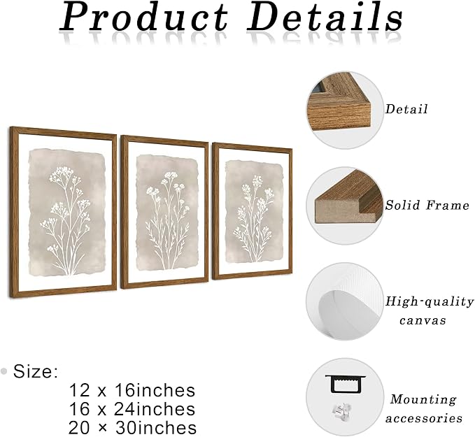 JLTULT 3 Piece Boho Beige Floral Wall Art, Minimalist Line Botanical Flower Wall Decor, Vintage Rustic Wildflower Art Prints for Living Room Bedroom Office Farmhouse Decoration 20x30 in Ready to Hang