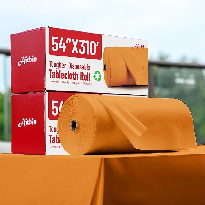 Plastic Table Cloth, 310 Ft X 54 in Disposable Tablecloth Orange Tablecloth Premium PEVA Plastic Table Cloth Disposable with Any Cut Sliding Cutters for Picnics, Parties, Birthdays, Festivals