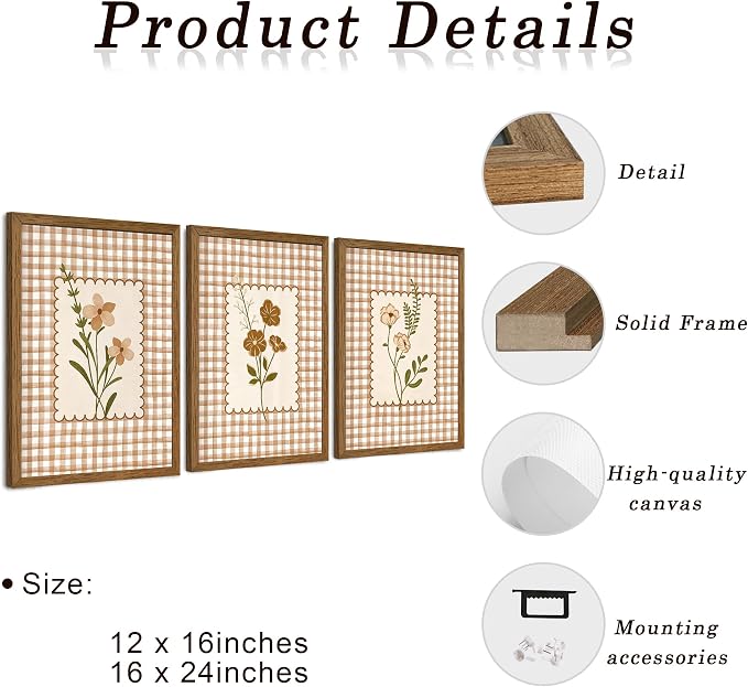 JLTULT Farmhouse Botanical Wall Art Set of 3, Neutral Brown Cottagecore Floral Prints, Wood Framed Wall Decor for Bedroom Living Room Nursery Hallway, 16x24 Inches Each, Ready to Hang