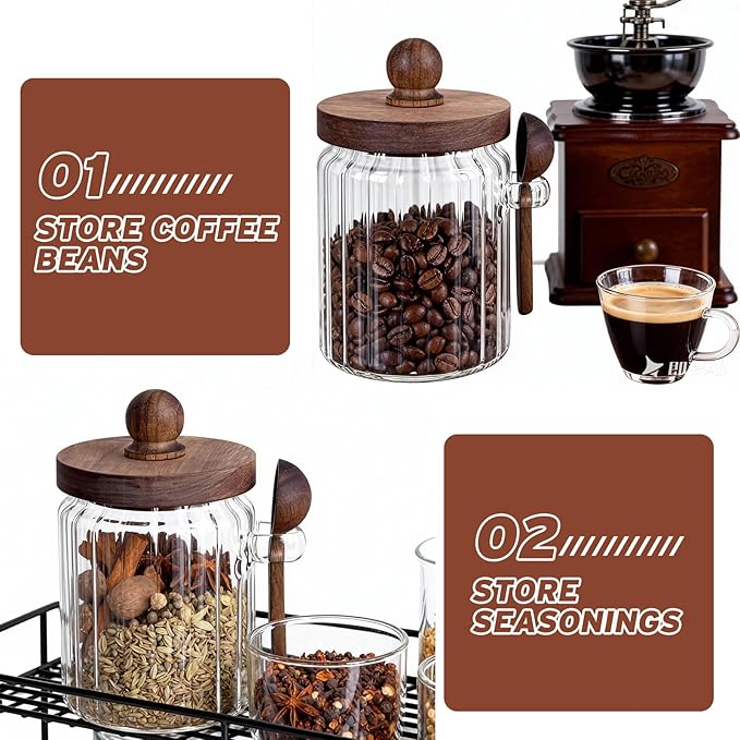 2 Pack Brown Sugar Keeper Bowl with Lid and Spoon, Farmhouse Style Coffee canister - Food Storage Glass Jars (20oz) with Wooden Lid for Kitchen, Coffee Bean, Tea, Baking Supplies & Spice Dispenser