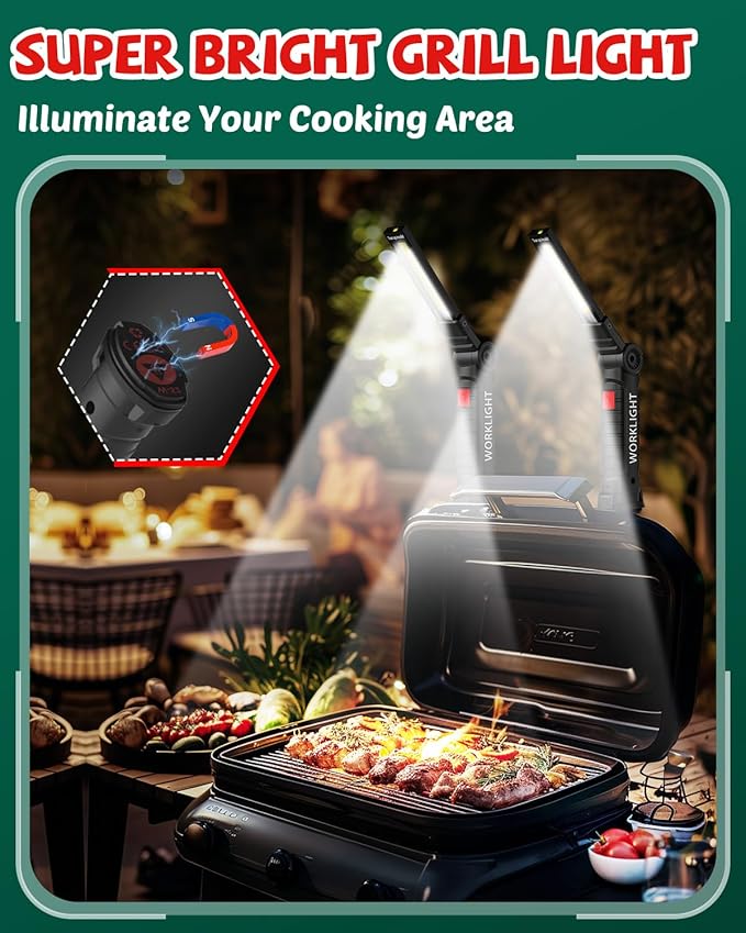 Coquimbo Tool Fathers Day Dad Gifts for Men Him Husband, Rechargeable LED Work Light BBQ Grill with Magnetic Base Hook, 360° Rotate Mechanic Flashlight Mens Easter Birthday Gifts (2 Pack Black)