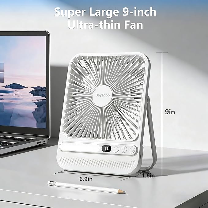 Deyagoo Travel Fan,7-Inch Portable Fan, Rechargeable Fan, 28H 10000mAh Ultra-Thin Quiet USB Desk Fan with Timer & LED Display for Bedroom, Office, Camping