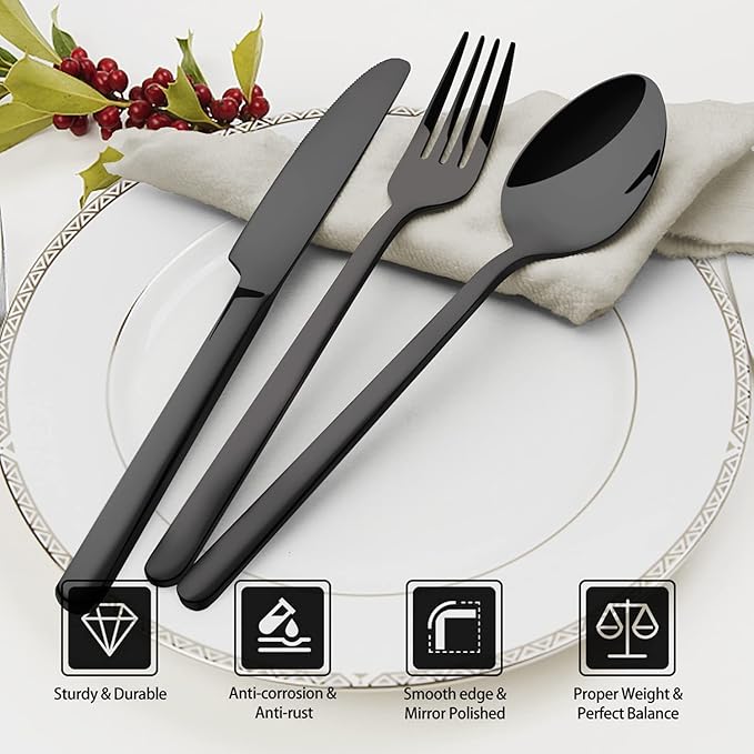 KINGSTONE Black Silverware Set, 30 Piece Flatware Set for 6, 18/10 Stainless steel Cutlery Set for Home Kitchen and Restaurant