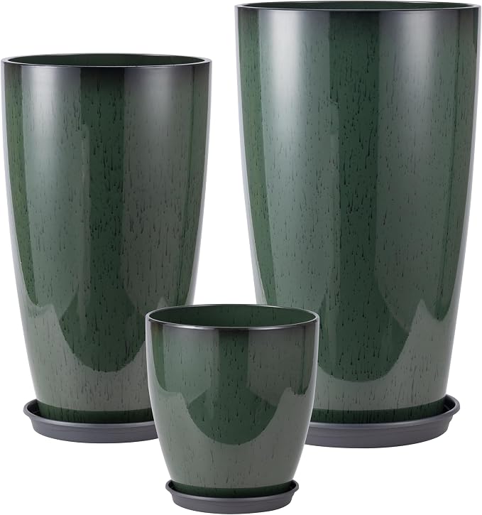 24-21-11 Inch Tall Planters Set of 3, Indoor Outdoor Green Glossy Round Planter with Drainage Hole and Saucer, Large Decorative Plant Pots for Home Garden Porch (Green)