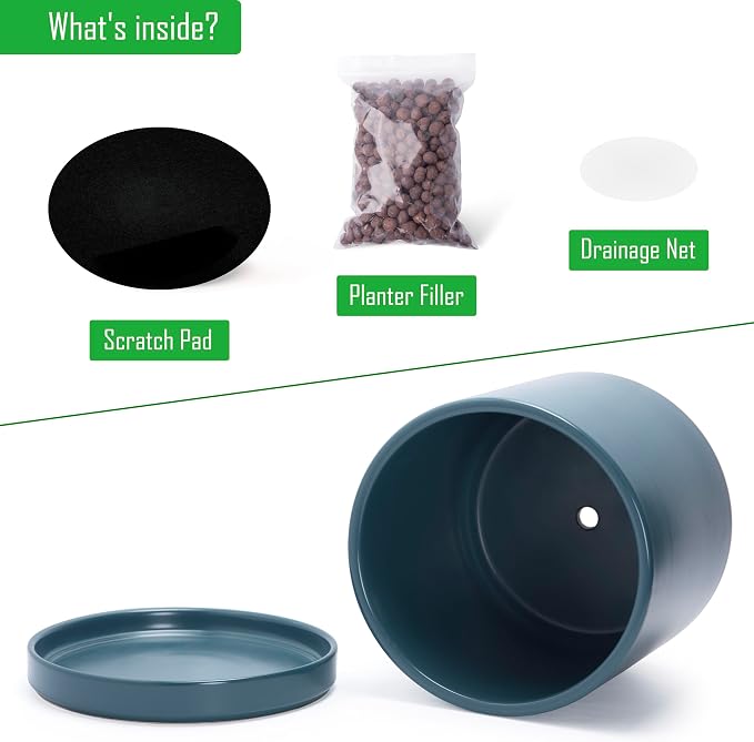 D'vine Dev 12 Inch Ceramic Planter Pot, Teal, 94-O-F-9 | Modern Cylinder Design, Drainage Hole & Saucer Included, Stable Structure, Elegant Home Accent