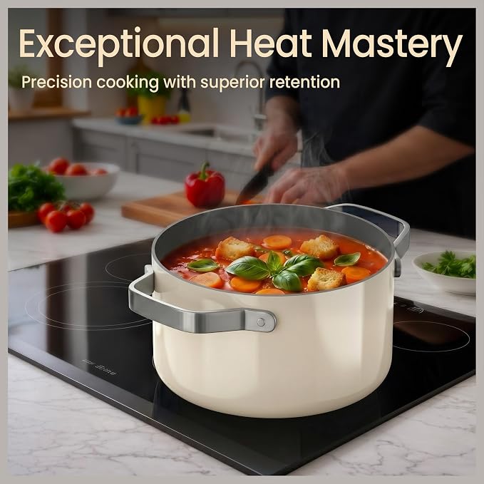 Bakken 12.5 Quart Ceramic Coated Stock Pot with Lid, Easy Clean Nonstick Pot, Tempered Glass Lid, Riveted Stainless Steel Handles, Oven Safe Up To 500°F, PTFE & PFAS Free, All Stove Compatible, Cream