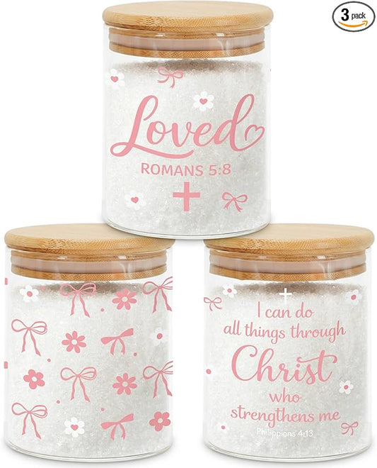 3 Pcs Pink Bow Christian Glass Storage Jars with Airtight Lids Pink Bow Candy Cookie Jars Gift Christian Bible Verse Kitchen Canister Gifts for Women Cute Coquette Religious Kitchen Containers