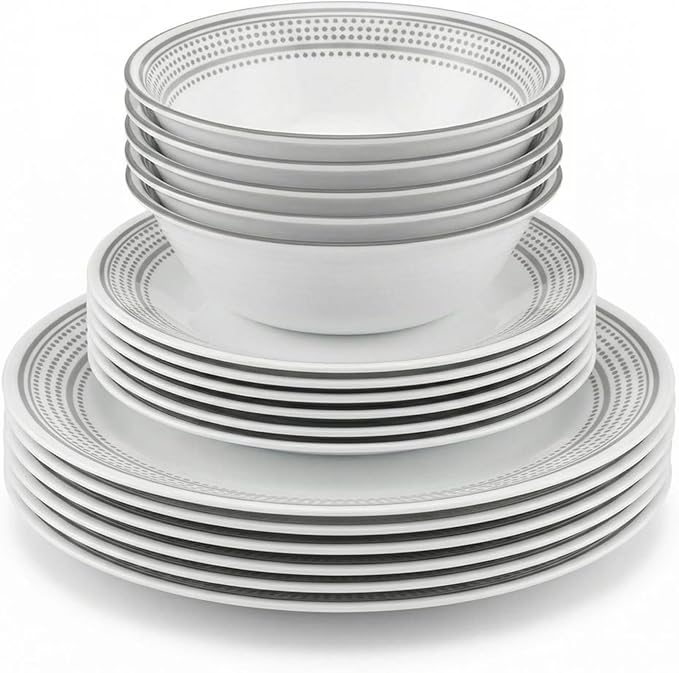 Corelle Vitrelle 18-Piece Service for 6 Dinnerware Set Triple Layer Glass and Chip Resistant, Lightweight Round Plates and Bowls Set, Mystic Gray