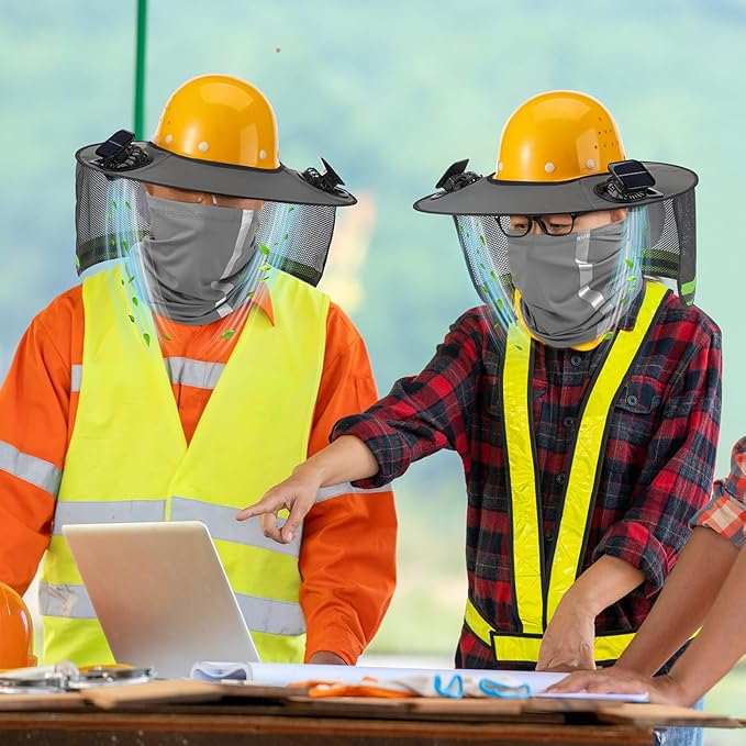 1 Set Sun Hard Hat Shade Full Brim Hard Hat Sun Visor with 2 Solar Fans and Neck Sunshade Cover UV Reflective Strap Arm Sleeves for Construction Workers Outdoor Protection(Grey)