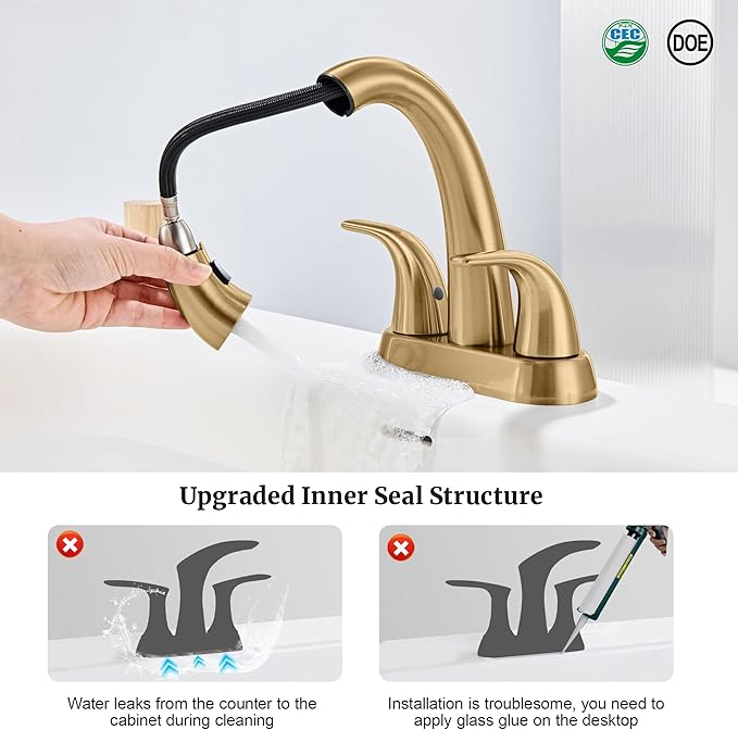 Ultimate Unicorn Bathroom Sink Faucet Champagne Bronze - 4 Inch Centerset Pull Down Vanity Faucets 3 Hole with Pop Up Drain - Two Handle Modern Washbasin Tap Set with Pull Out Sprayer for Rv Lavatory