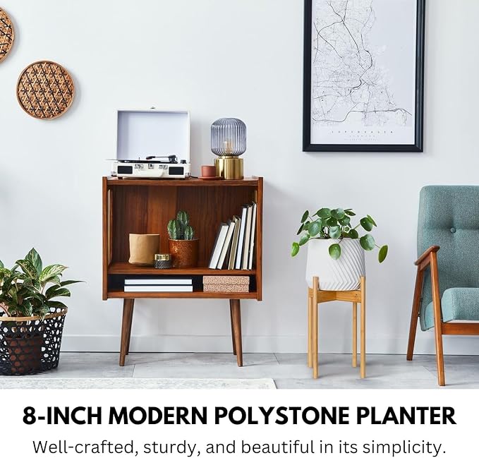 Fox & Fern Large Indoor Planter, Modern Large Plant Pot for Indoor or Outdoor, UV and Frost Resistant - 8 Inch, Matte White Flower Pot with Drainage Plug, 3D Printed Design