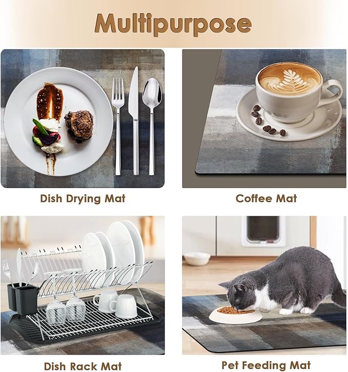 Arttown Coffee Mat for Countertops, Abstract Gray Blue Brown Modern Dust Art Dish Drying Mat 2 Pcs for Kitchen Bar Accessories, Coffee Maker Espresso Machine Dish Rack Hide Stain Rubber 12x19in