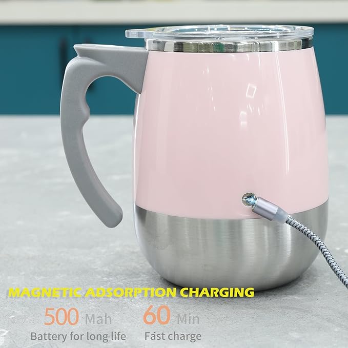 Rechargeable Self Stirring Mug - Magnetic Electric Auto Mixing Stainless Steel Cup for Office/Kitchen/Travel/Home Coffee/Tea/Hot Chocolate/Milk-390 ml/13.2 oz(Pink)