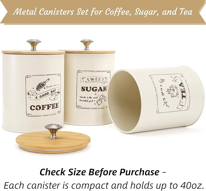 Youeon Metal Canisters Sets for the Kitchen, 40 Oz Coffee Sugar Tea Container Set, Farmhouse Style, Food Storage Containers with Lids for Countertop, Cabinet, Coffee Bar Decor, Beige