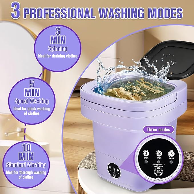 Mini Washing Machine 16L Foldable Small Washer for Underwear, Socks, Baby Clothes - 3 Cleaning Modes with Spin Dryer Basket Ideal for Apartment, RV, Travel, Dorm