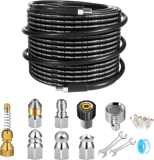 60FT Sewer Jetter Kit for Pressure Washer, 5800PSI Drain Cleaner Hose 1/4 Inch NPT Corner, Rotating Button and Spray Sewer Jetting Nozzle, Water Jet Drain Cleaner Spanner Tape Pearl Corsage Pin