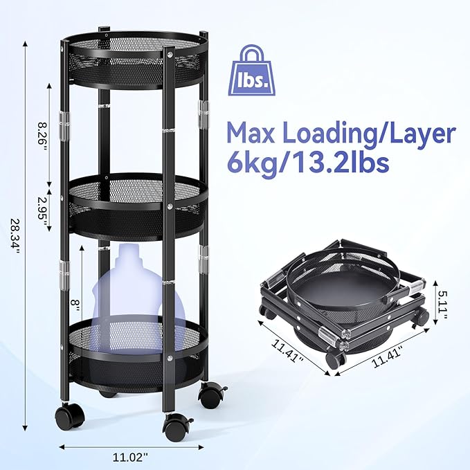 TOOLF 3-Tier Foldable Rolling Cart, Collapsible Metal Utility Cart with Wheels, Assembly-Free, Round Storage Organizer Trolley for Kitchen, Bathroom, Dorm, Nursery, Black