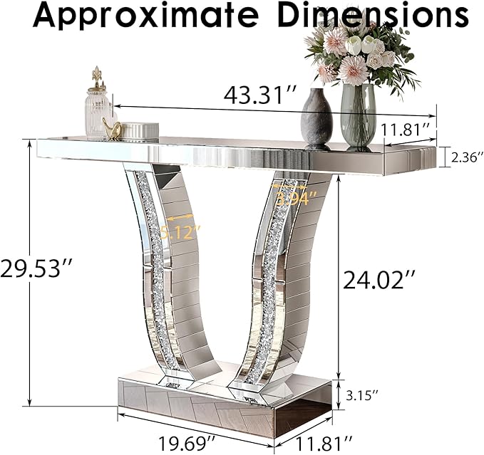 SSLine Modern Mirrored Console Table,43-Inch Silver Mirror Finish Entryway Table with Sparkling Crystal Inlay U-Shape Base Luxury Accent Foyer Tables for Living Room Hallway Entrance