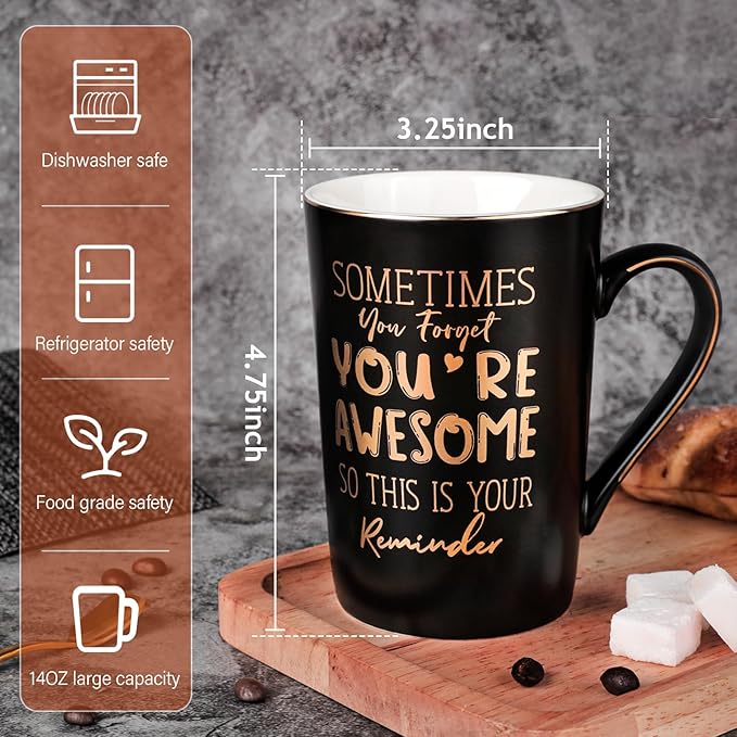 Anniversary Birthday Thank You Gifts for Men, Sometimes You Forget You're Awesome - 14oz Unique Black Ceramic Inspirational Mug with Gold Print, Funny Valentines Day Presents for Boyfriend Husband Him