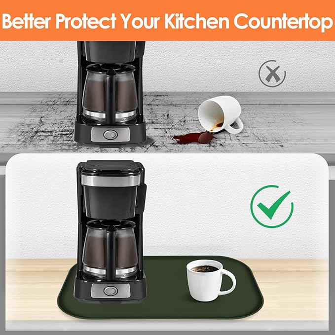TOHONFOO Silicone Coffee Maker Mat with Lip, 24'' x 16'' Heavy Duty Coffee Maker Mat for Countertops, Coffee Tray Fit Under Coffee Machine Appliance Automatic Machines Espresso Accessory, Dark Olive