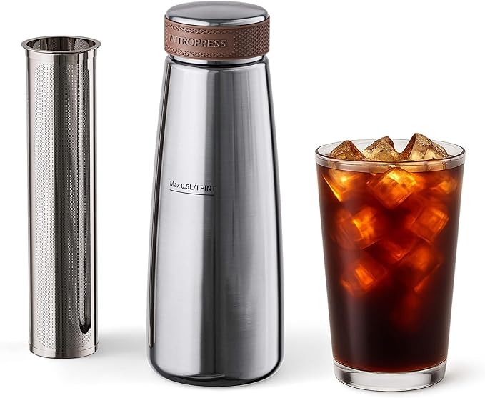 NitroPress Cold Brew Coffee Maker – Stainless Steel Home Brew Kit for Coffee and Tea with 200 Micron Filter Basket and Storage Cap - Perfect for Cold Brew at Home - Gift for Coffee Lovers