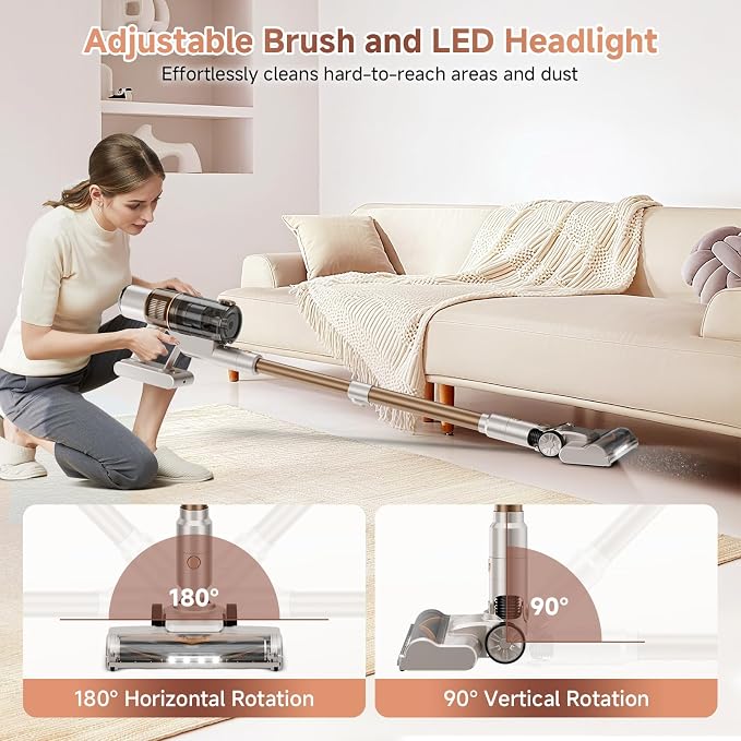 Cordless Vacuum Cleaner:Portable 6-in-1 Stick Vacuum with Anti-Tangle Brush | LED Headlight, Self-Standing, HD Display, Rechargeable Vacuum for Pet Hair, Low-Pile Carpet and Hardwood Floor-Off White