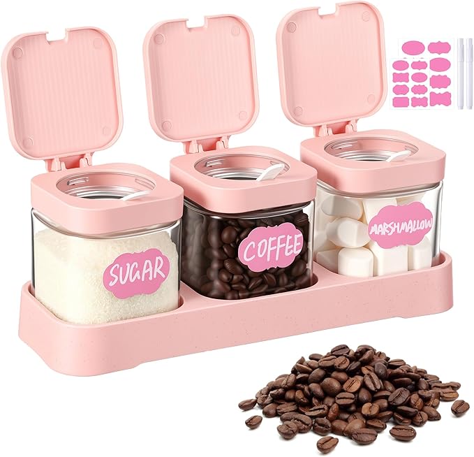 Suclain 3 Pcs Glass Coffee Containers Coffee Station Organizer Set, Airtight Bean Storage Jars with Shelf,labels,spoon, Base and Pen,for Sugar, Candy, Oats, Nuts (Pink)