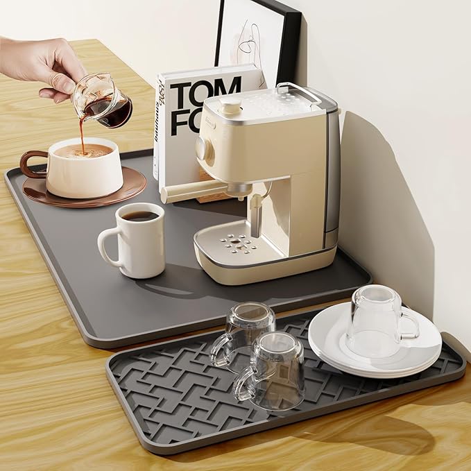 Silicone Coffee Maker Mat- Espresso coffee bar Mat accessories19"*12" - Convex Design, Leak-Proof and Non-Slip, Suitable for Use Under the Coffee Machine to Keep the Countertop Clea（Grey）