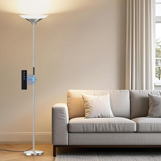 SIBRILLE Metallic Silver Torchiere Floor Lamp - 30W Dimmable LED Standing Lamp with Remote/Button Control, 1800Lm, 3000-6500K, 72in Tall Bright Pole Light for Living Room Bedroom Office Corner