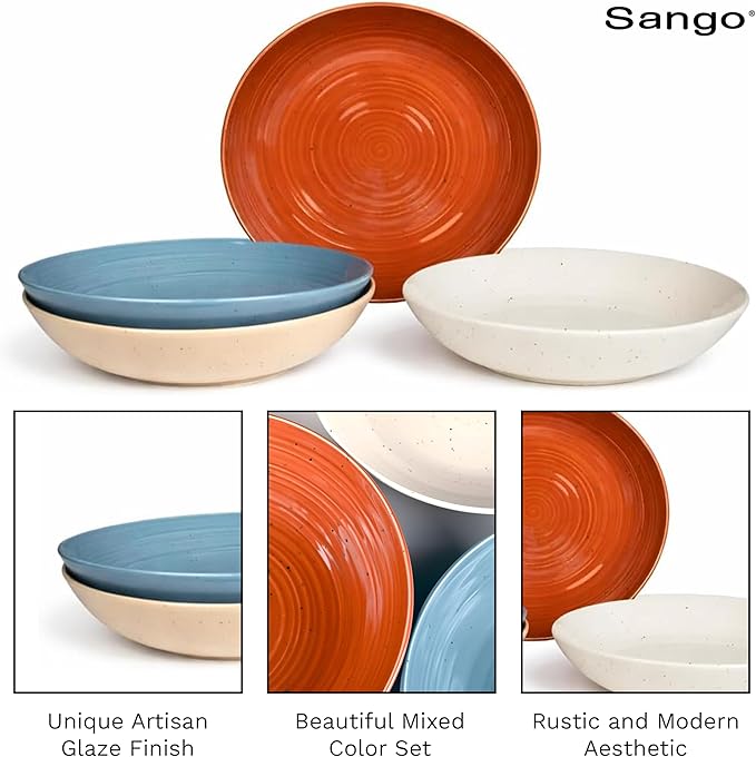 Sango Siterra Painter's Palette Stoneware Pasta Bowls (Set of 4) – Pasta & Serving Bowls, Earthy Reactive Glaze, Multi Assorted Colors, Microwave & Dishwasher Safe, for Everyday Dining & Entertainment