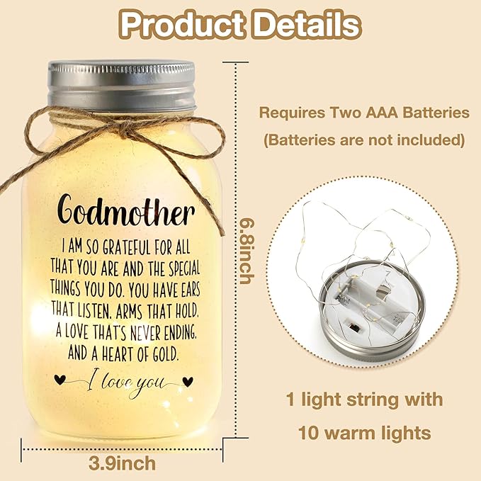 Maracco Godmother Mothers Day Gifts from Godchild, Proposal Godmother Birthday Gift, Mason Jar with 10 Warm Lights, Best Gifts for Godparents, Mason Jar Lights for God Mommy (30oz)