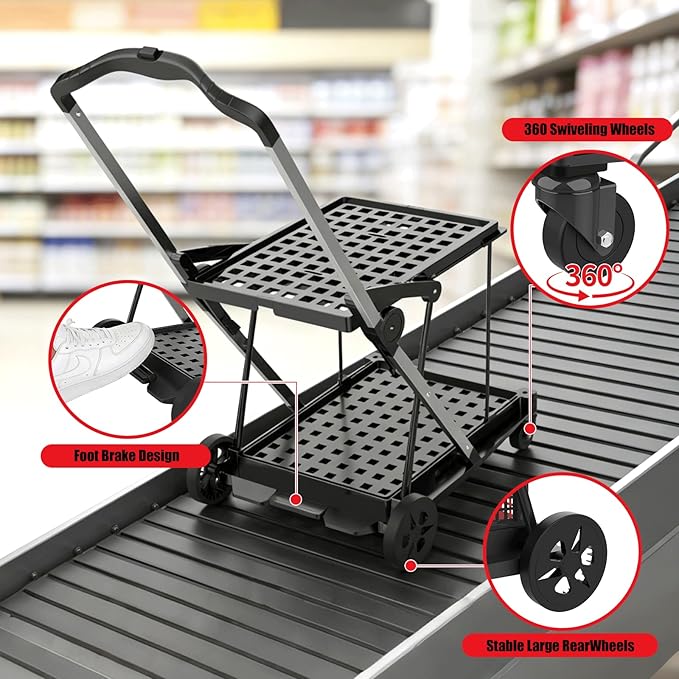 Collapsible Shopping Cart with Wheels,2 Tier Multi Use Foldable Shopping Cart with 2 Storage Crates,Folding Shopping Trolley Utility Cart for Office,Groceries, Warehouse,Supermarket,Picnic (Red)