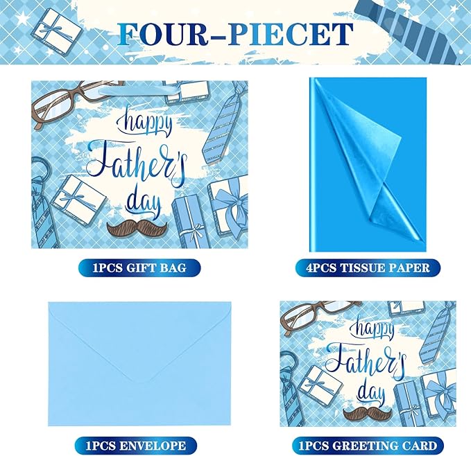 Jaywayang 15.7" Extra Large Happy Father's Day Gift Bag with Card and Tissue Paper (Blue Diamond Grid)