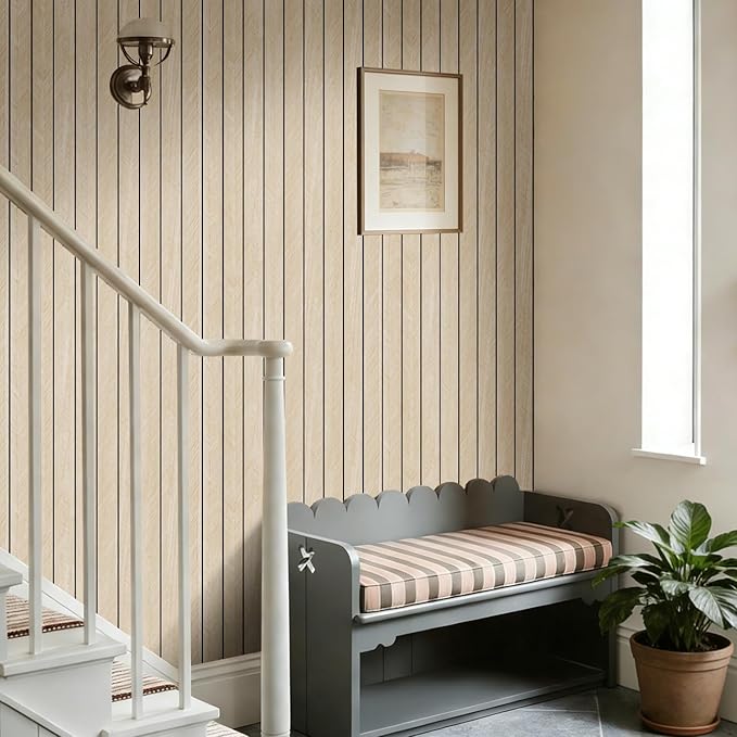 Arthome Peel and Stick Slat Wall Panels 15.7 "x360,Self-Adhesive PVC Wood Grain Wallpaper Panel,3D Thick Faux Soundproof Backsplash Accent Wall Tile for Walls & Furniture (Beige- Coverage 39.2 Sq.ft)