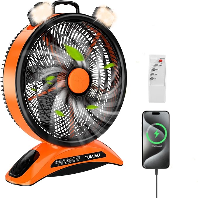 45000mAh Big Battery Powered Camping Fan, 12-Inch Blades Portable Rechargeable Outdoor Fan with LED Light, 3 Speeds Cordless Floor Fan with Remote and Timer for Garage, Patio, RV