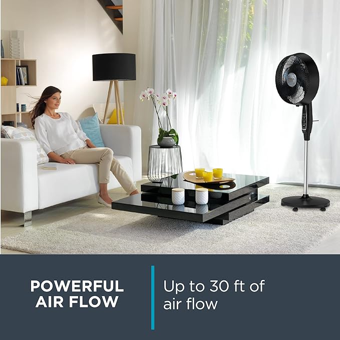 Rowenta, Pedestal Fan, Extreme Outdoor Fan with Remote, 65 Inches, Ultra Quiet Fan, Oscillating, Portable, 3 Speeds, Digital Control, Black, Ourdoor, VU4510