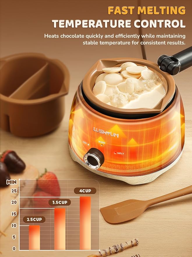 Electric Chocolate Melting Pot with 2 Insert Pots, 4-Cup Chocolate | Even Heating, Fast Melting, BPA-Free Silicone, Easy Clean, Less Waste, Ideal for Chocolate, Candy Melts, Parties, Fondue