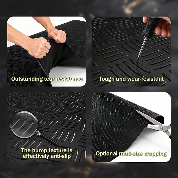 StellarStar 4x20 FT Garage Floor Mat, 2mm Thickened Ribbed PVC Diamond Plate Garage Mat with 20PCS Tapes, Rubber Flooring Rolls for Under Car, Rubber Motorcycle Mat for Golf Cart, Trailer, Black