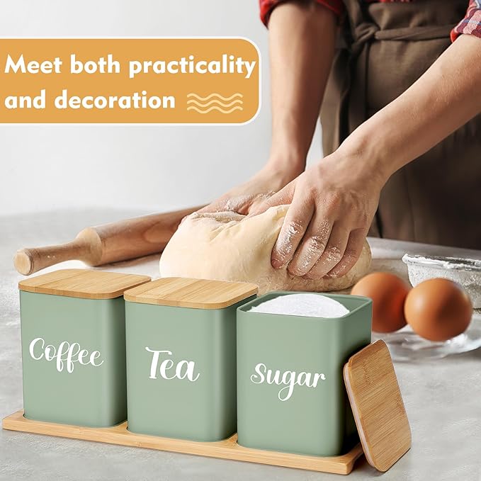 Tioncy Coffee Tea Sugar Container with Tray Set of 3 Airtight Metal Canister with Bamboo Lid Tray for Kitchen Counter Dining Room Farm House Kitchen Style Drink Station Organizer Set (Sage Green)