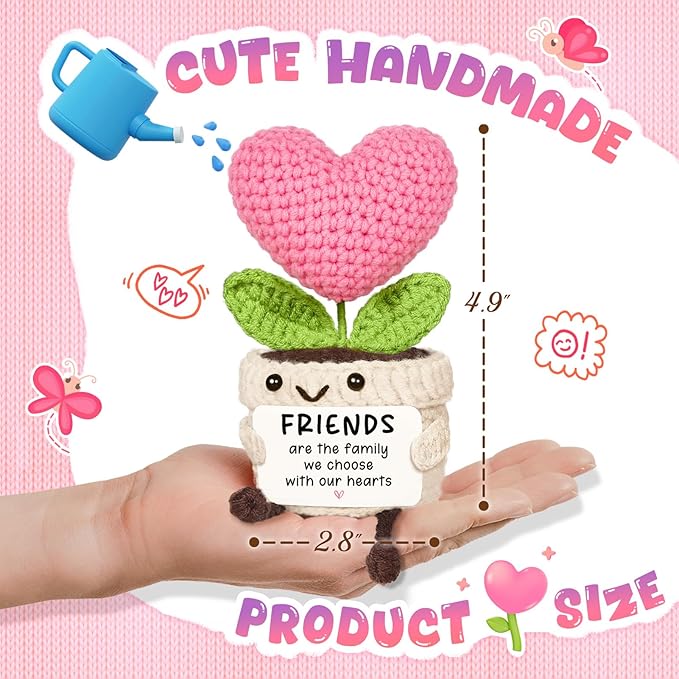 Friend Gifts for Women, Mini Handmade Crochet Pink Heart Flower, Cute Birthday Gifts for Women, Friendship Gift for Woman, Bestie, BFF, Best Friend