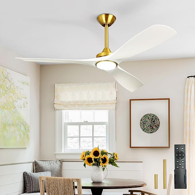 Outdoor Ceiling Fan with Light: 52 Inch 3 Blade Outdoor Fans for Patios - Modern White Gold Ceiling Fan with Remote Control Ultra Quiet Reversible DC Motor Timer