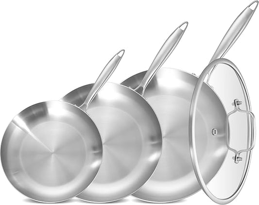 LOLYKITCH 8.5-10-12 Inch Tri-ply Stainless Steel Frying Pans Set of 3,Skillets,Induction Cookware Set,Oven and Dishwasher Safe,Detachable Handle