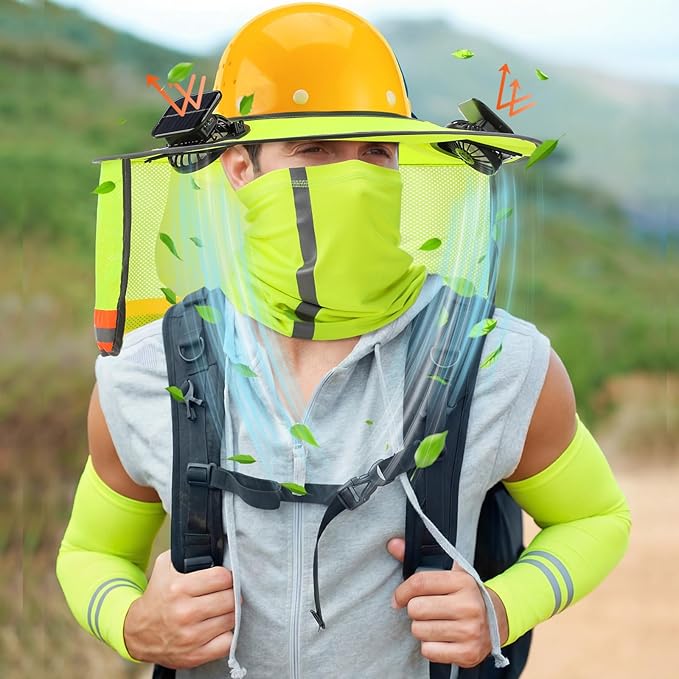 1 Set Sun Hard Hat Shade Full Brim Hard Hat Sun Visor with 2 Solar Fans and Neck Sunshade Cover UV Reflective Strap Arm Sleeves for Construction Workers Outdoor Protection(Fluorescent Yellow)