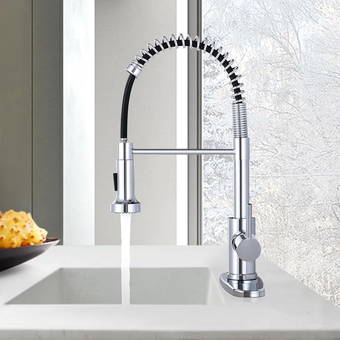 DJS Kitchen Faucets with Pull Down Sprayer Chrome High Arc Single Handle 1 or 3 Holes Spring Kitchen Sink Faucet with Deck Plate for Farmhouse RV Vessel Basin