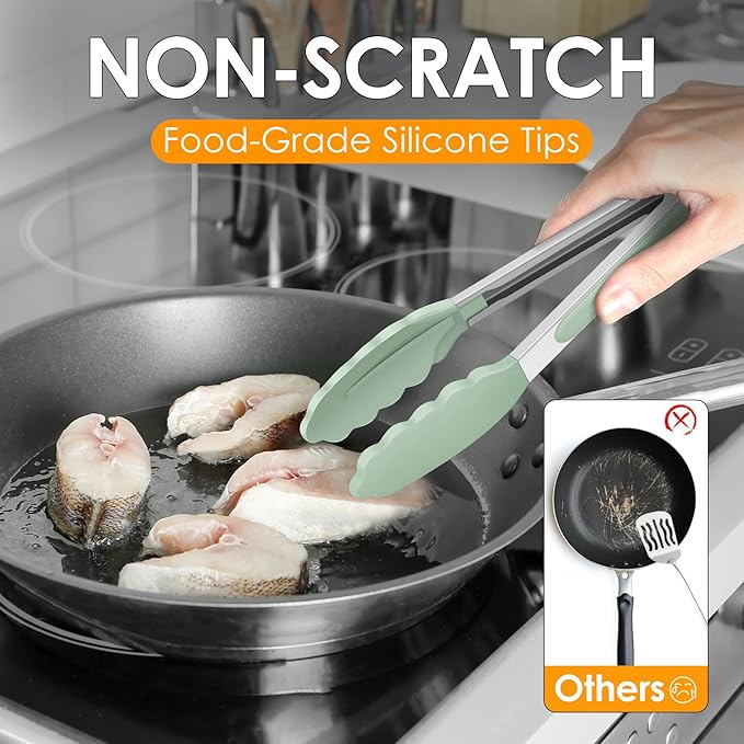 Hotec Silicone Kitchen Tongs for Cooking 9-Inch Serving Tongs with Silicone Tips, Set of 3 (Light Green)