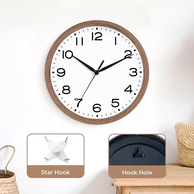 AKCISOT 8 Inch Wall Clock, Battery Operated Analog Clock, Silent Non-Ticking, Ideal for Bedroom, Bathroom, Kitchen, Office and School, Walnut